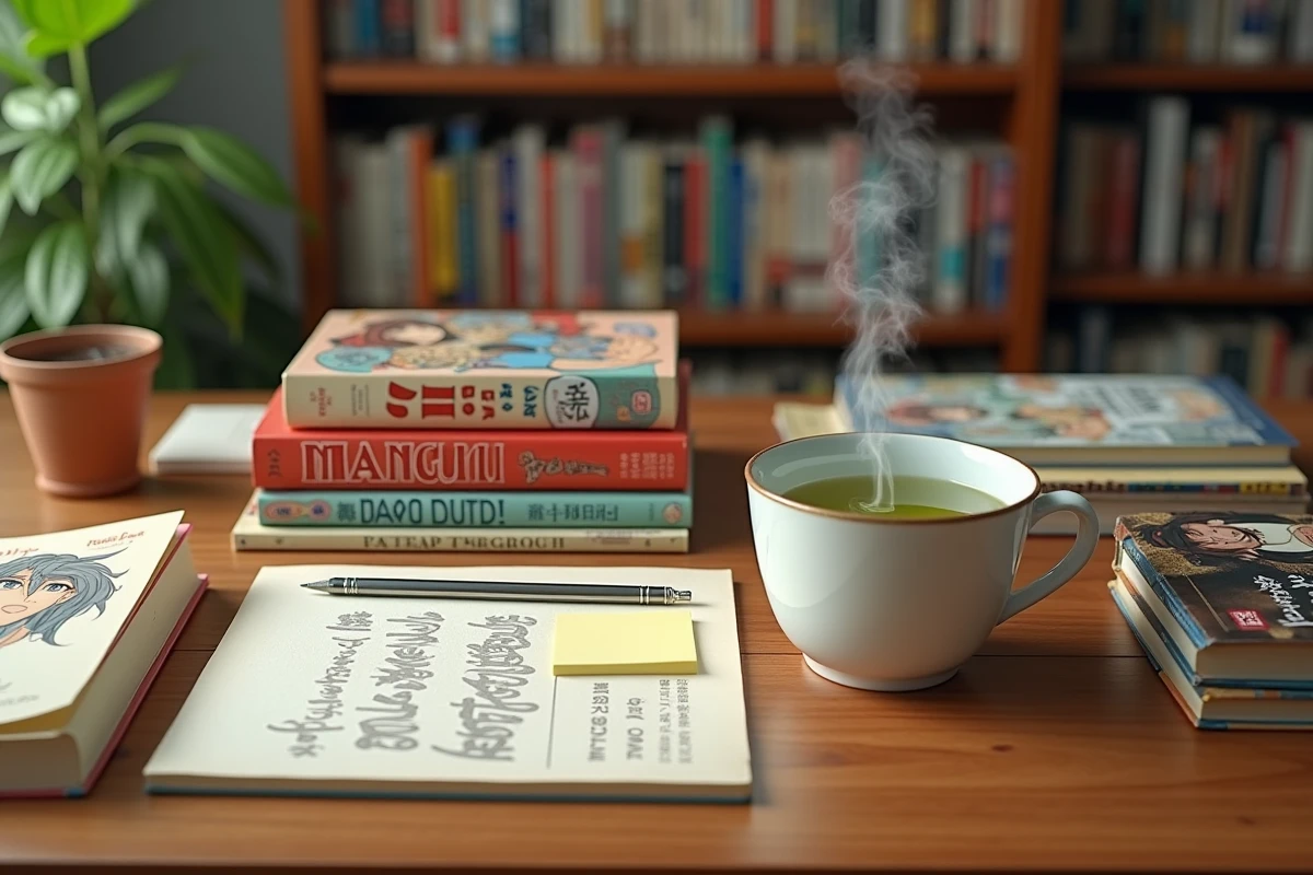 Flat lay de volumes manga et light novel sur un bureau en bois avec une tasse de thé vert