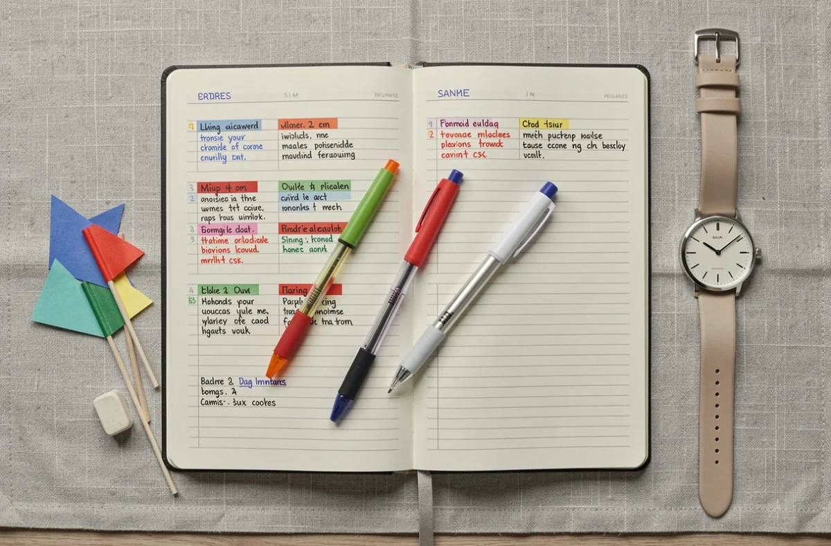 Flatlay d'un planner organisé avec stylo 4 couleurs effaçable, drapeaux adhésifs et montre sur fond lin gris
