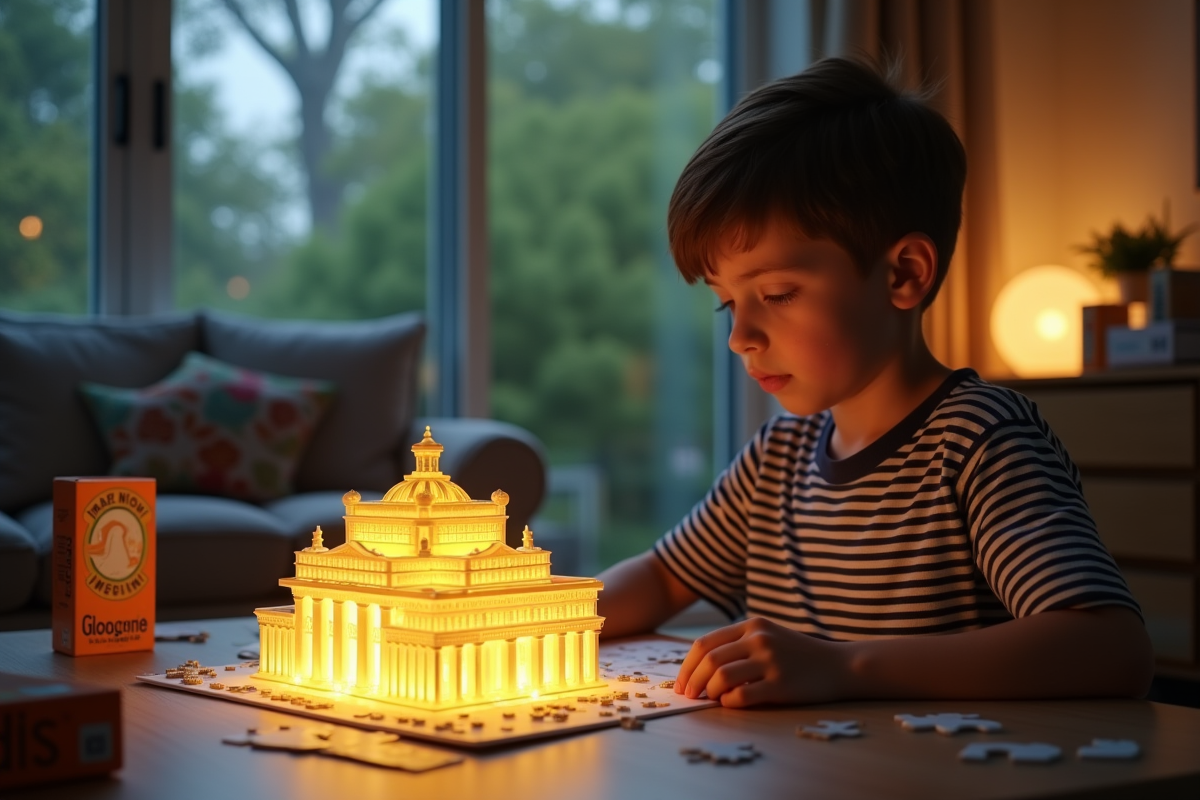 Garçon de 10 ans examine un puzzle lumineux de monument