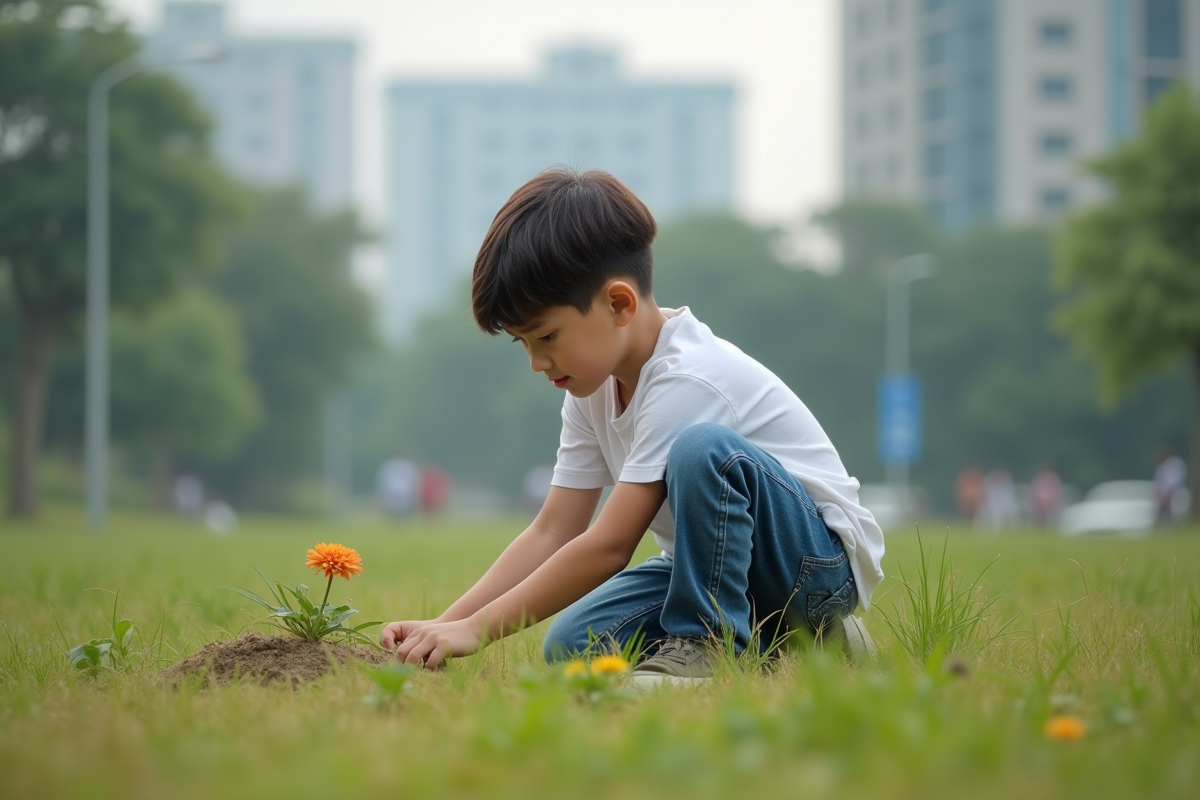 Adolescent inspectant une fleur fanée dans un parc urbain