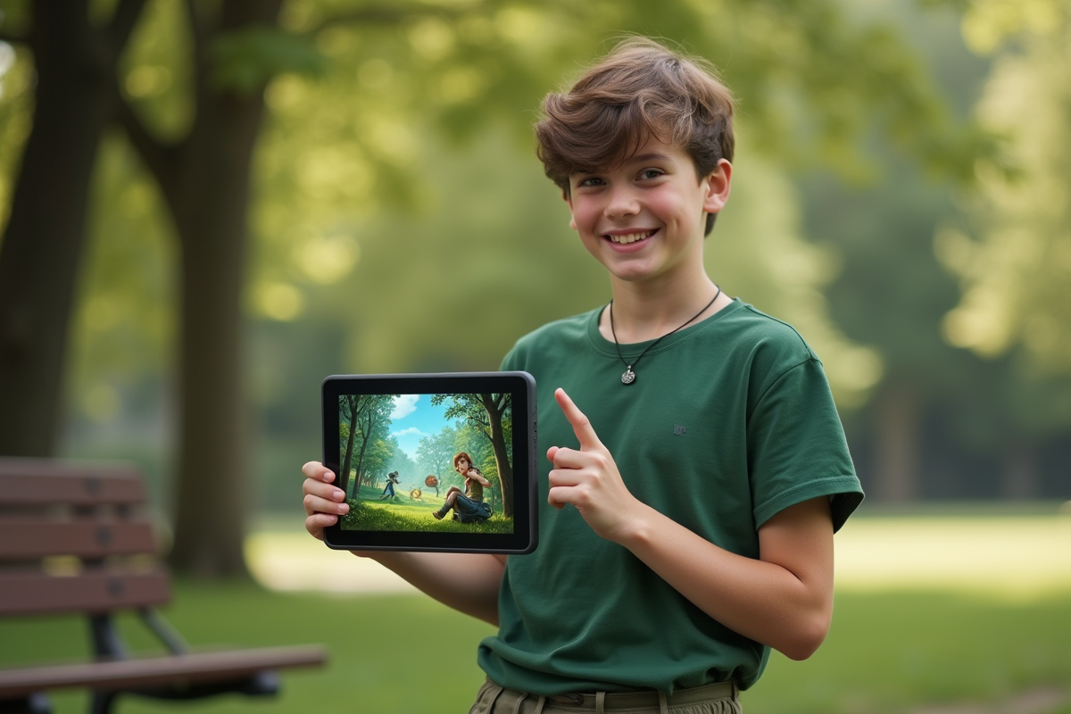 Garçon souriant jouant à Dofus sur une tablette dans un parc