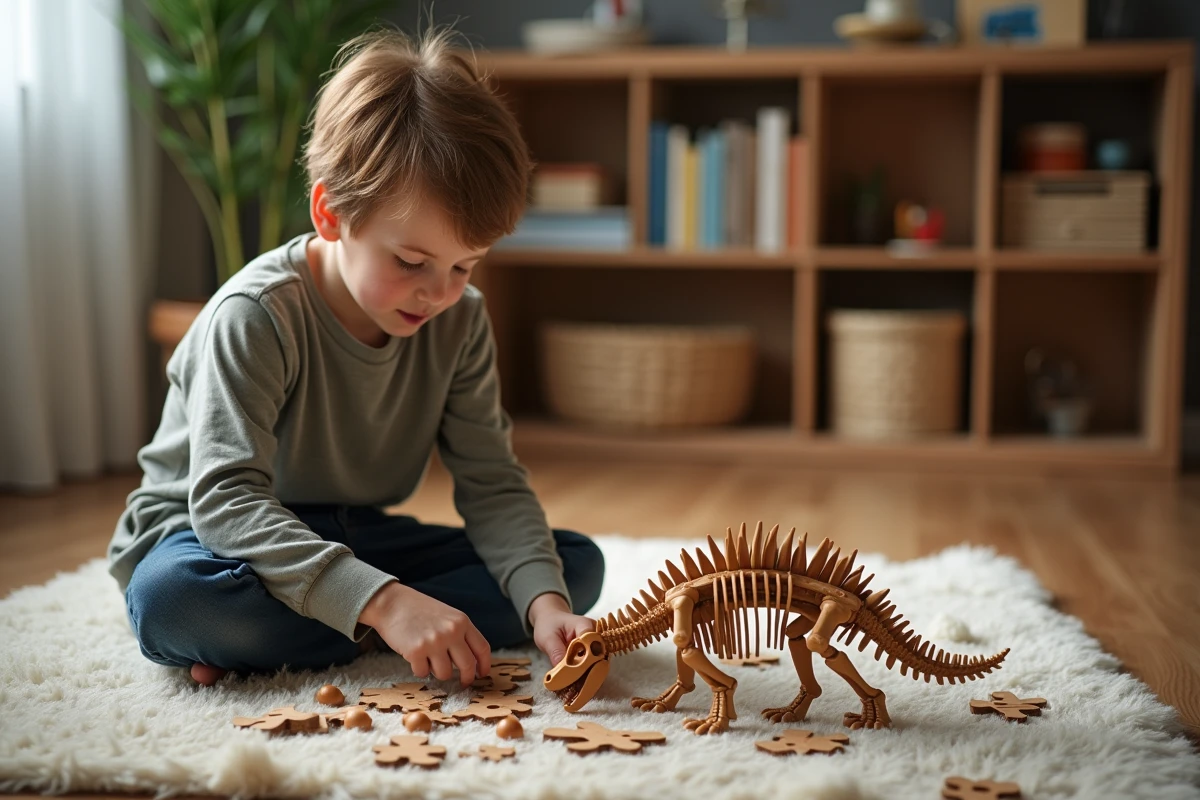 Jeune garçon examine un puzzle dinosaure dans le salon
