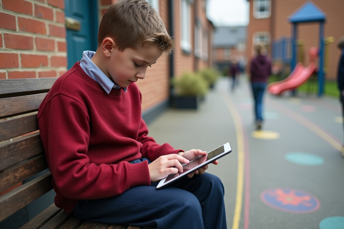 Garcon d ecole primaire joue avec une tablette en plein air