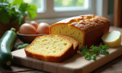 Gâteau de courgette et chèvre tranché sur une table rustique
