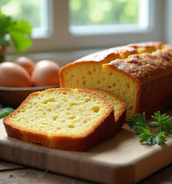 Gâteau de courgette et chèvre tranché sur une table rustique