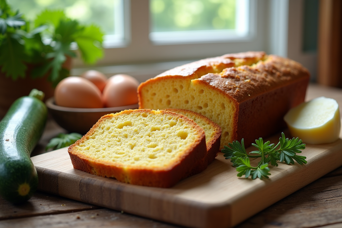 Gâteau de courgette et chèvre tranché sur une table rustique