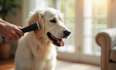 Chien golden retriever blanc brossé dans un salon lumineux