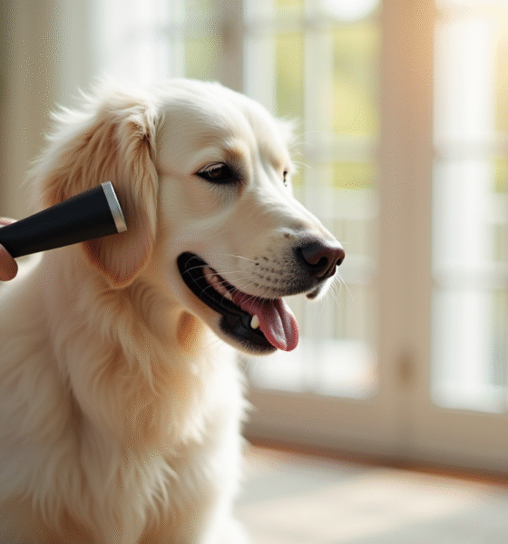 Chien golden retriever blanc brossé dans un salon lumineux