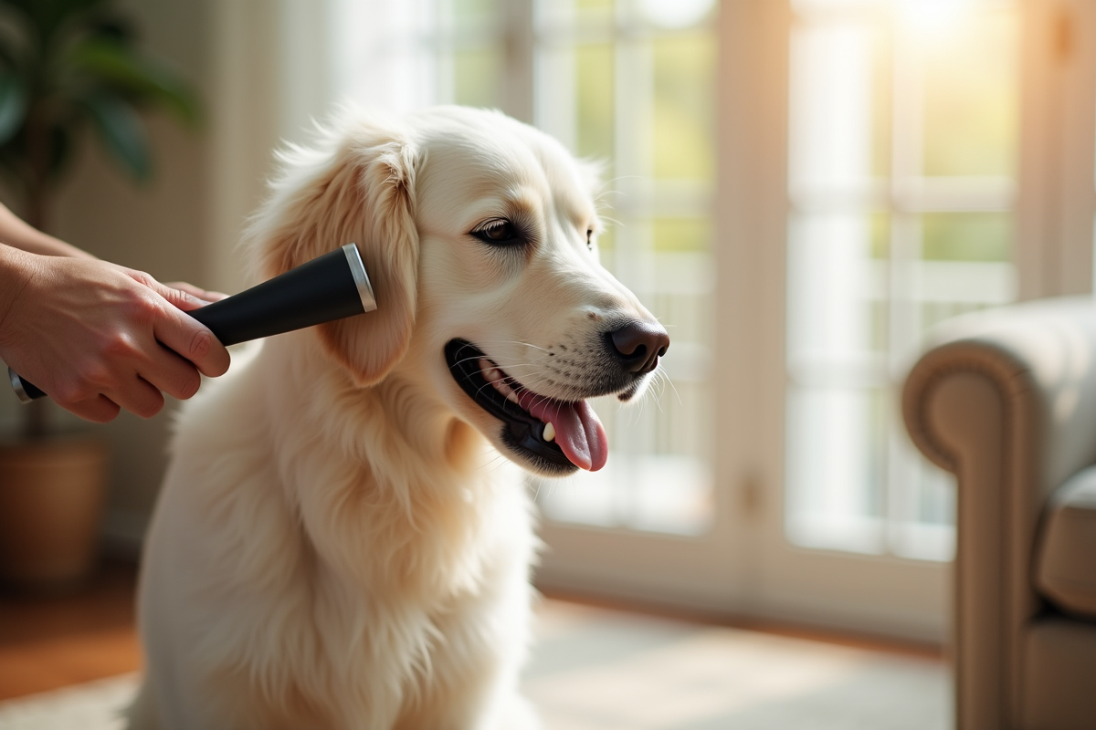 Chien golden retriever blanc brossé dans un salon lumineux