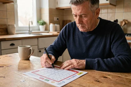 Homme remplissant une grille de LOTO à la maison en cochant les numéros au stylo