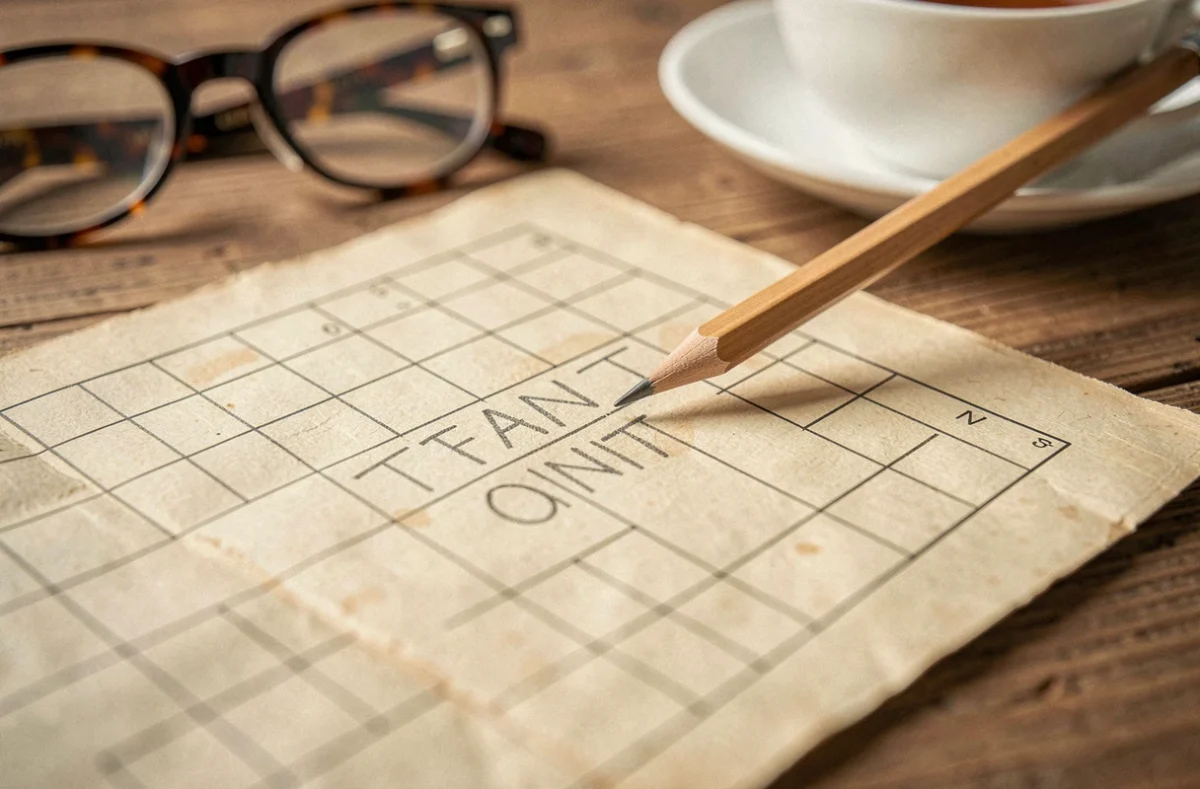 Gros plan d'une grille de mots croisés avec un crayon posé sur le mot TANT écrit en quatre lettres