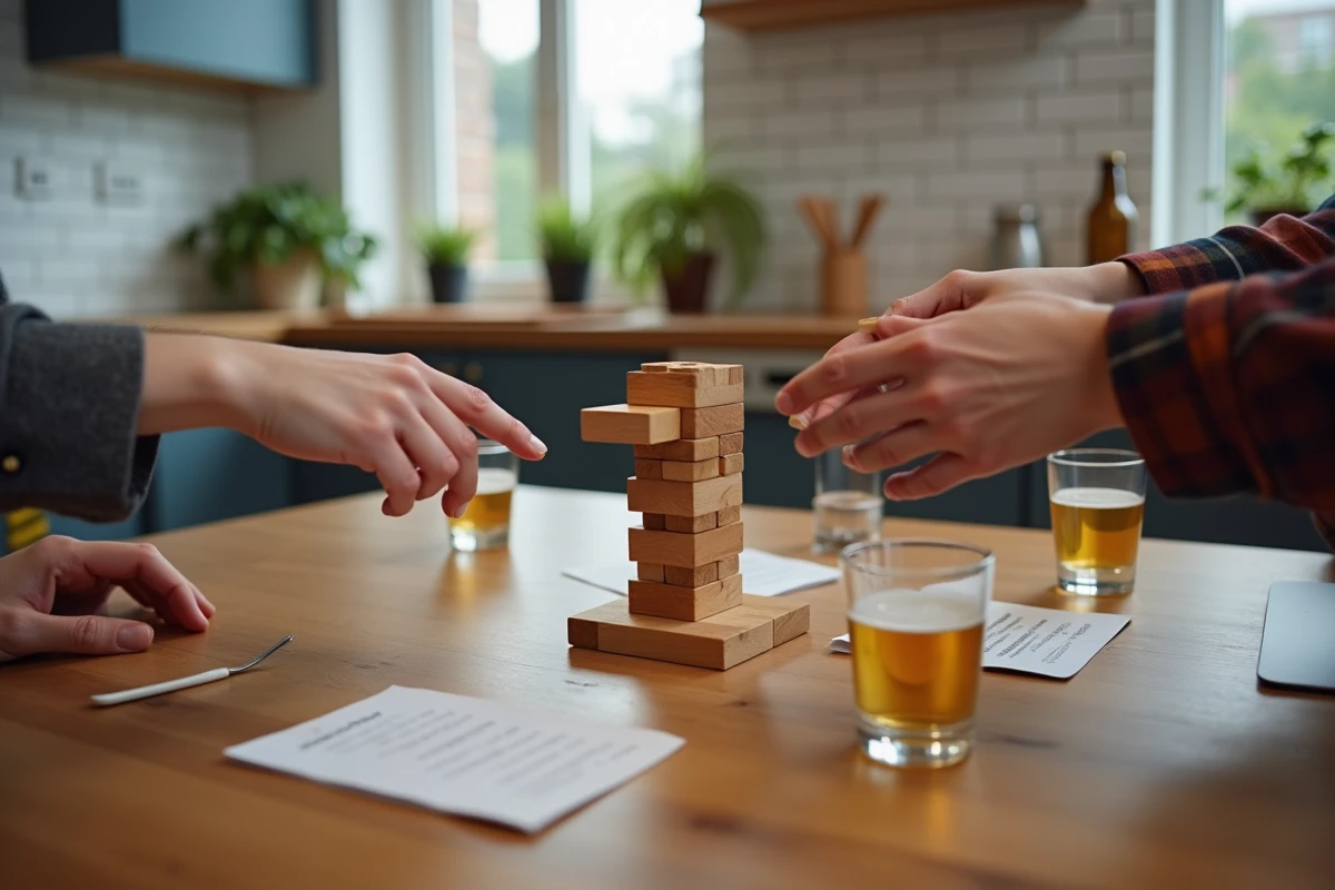 Gros plan sur les mains des joueurs retirant des blocs d'une tour en bois pendant une partie de palmier avec des verres à shot