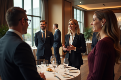 Groupe d'adultes élégants discutant lors d'un événement intérieur