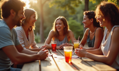 Groupe d'amis jouant aux cartes en plein air