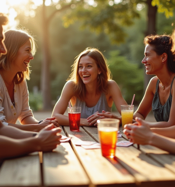 Groupe d'amis jouant aux cartes en plein air