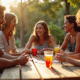 Groupe d'amis jouant aux cartes en plein air