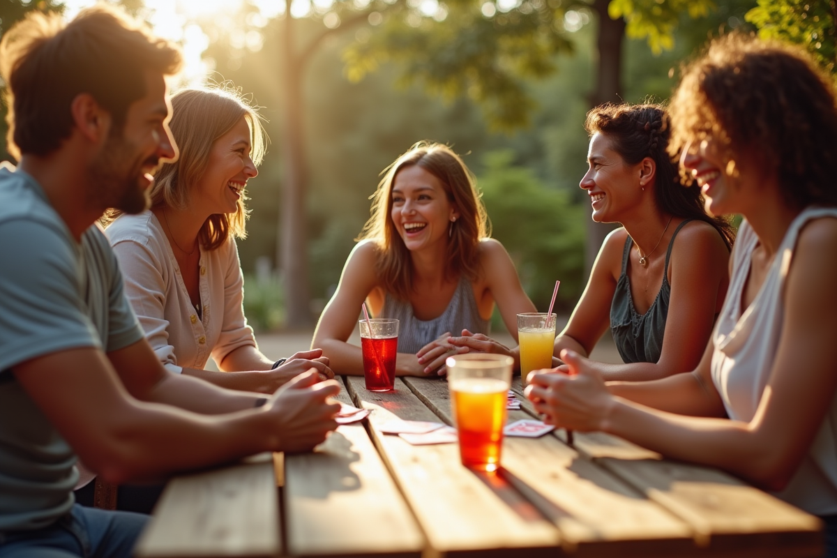Groupe d'amis jouant aux cartes en plein air