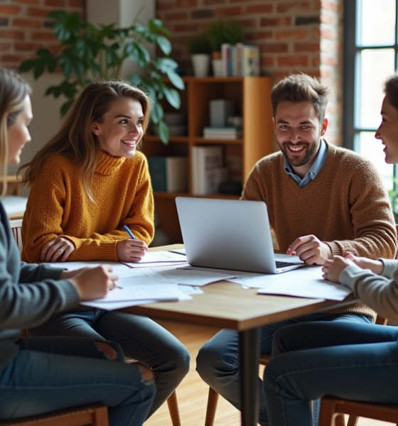 Groupe de jeunes adultes discutant dans un appartement moderne
