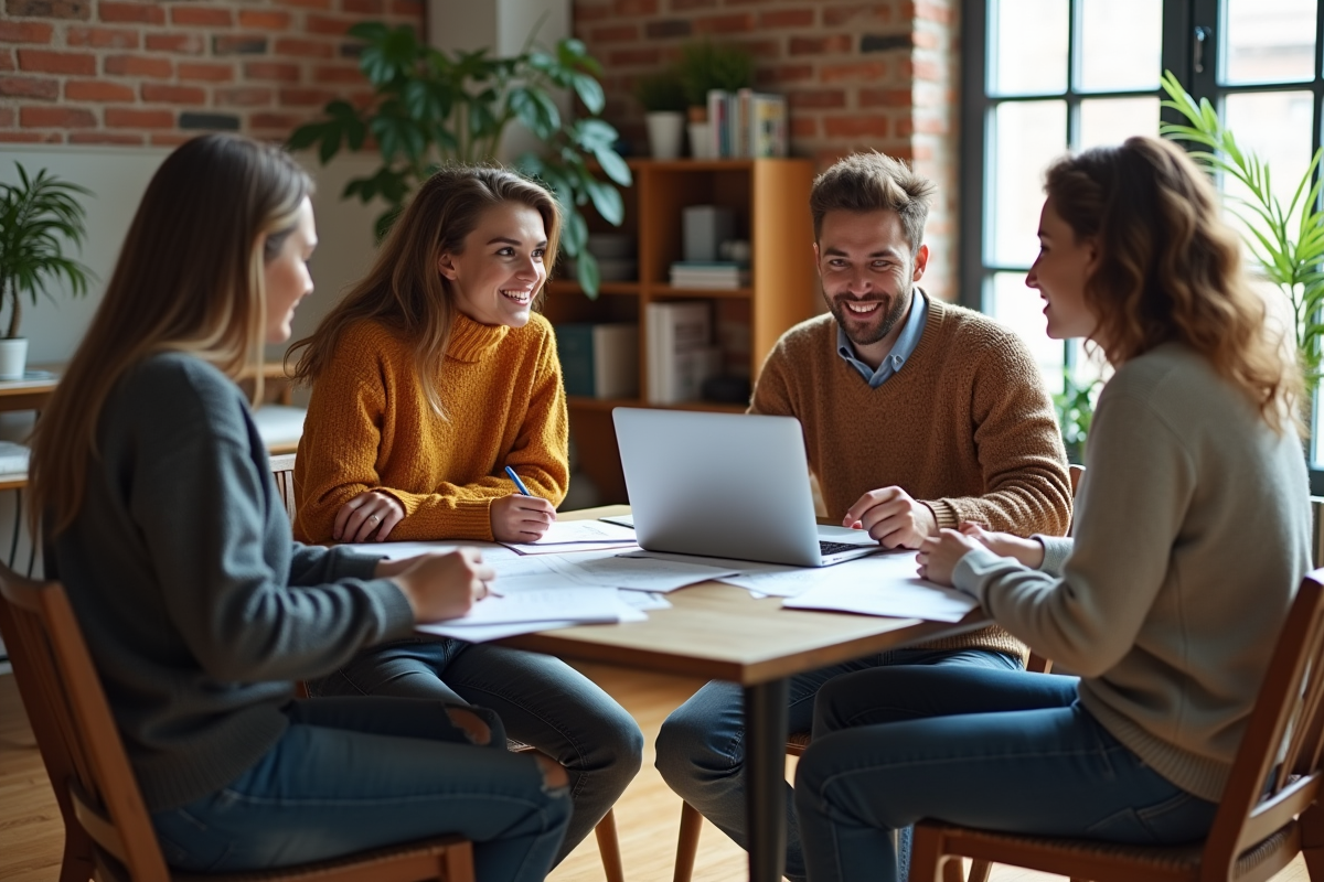 Groupe de jeunes adultes discutant dans un appartement moderne