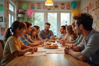 Groupe d'adultes et enfants lors d'une fête conviviale