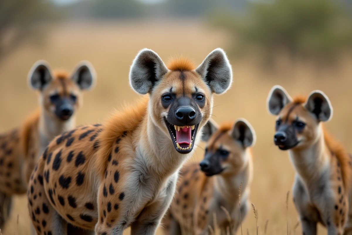 Groupe de hyènes dans la savane avec l'une d'elles arborant une expression décalée et amusante évoquant Ed dans Le Roi Lion