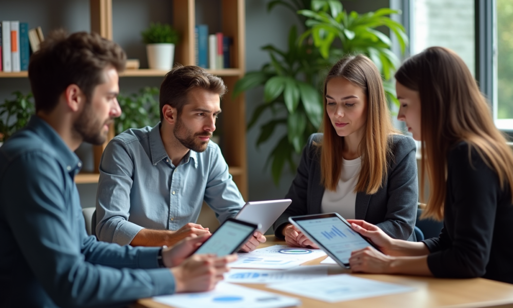 Groupe de millennials au bureau analysant des graphiques financiers