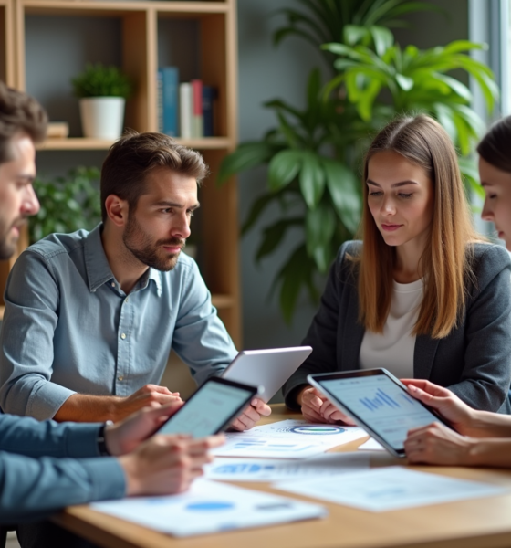 Groupe de millennials au bureau analysant des graphiques financiers