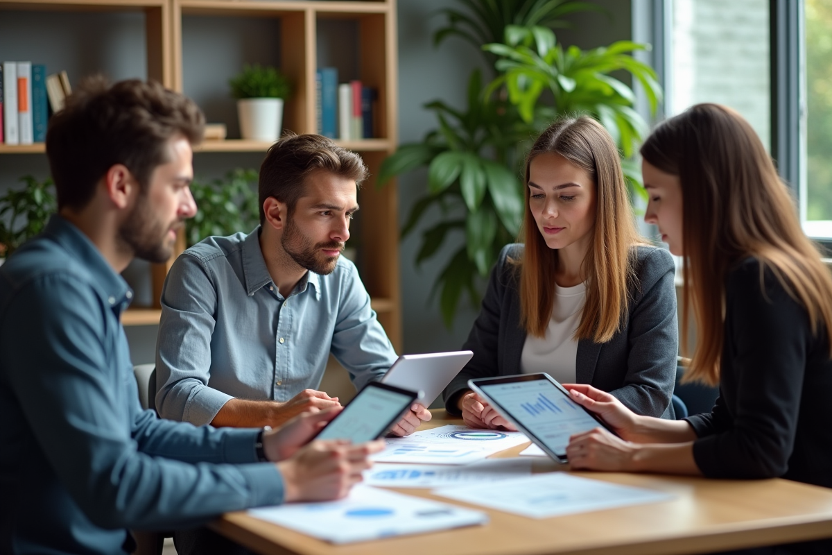 Groupe de millennials au bureau analysant des graphiques financiers