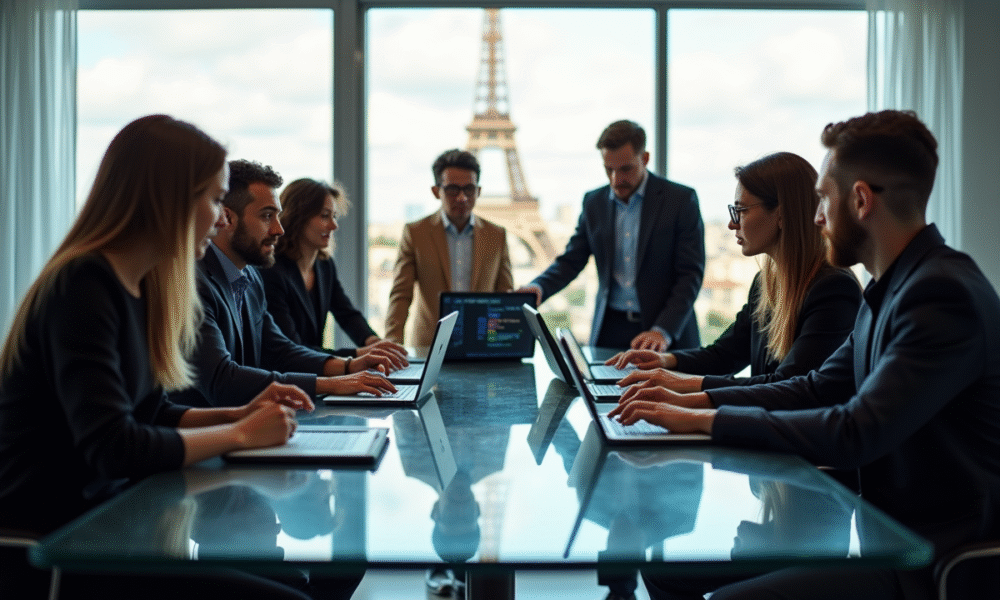 Groupe de professionnels français collaborant autour d'une table moderne