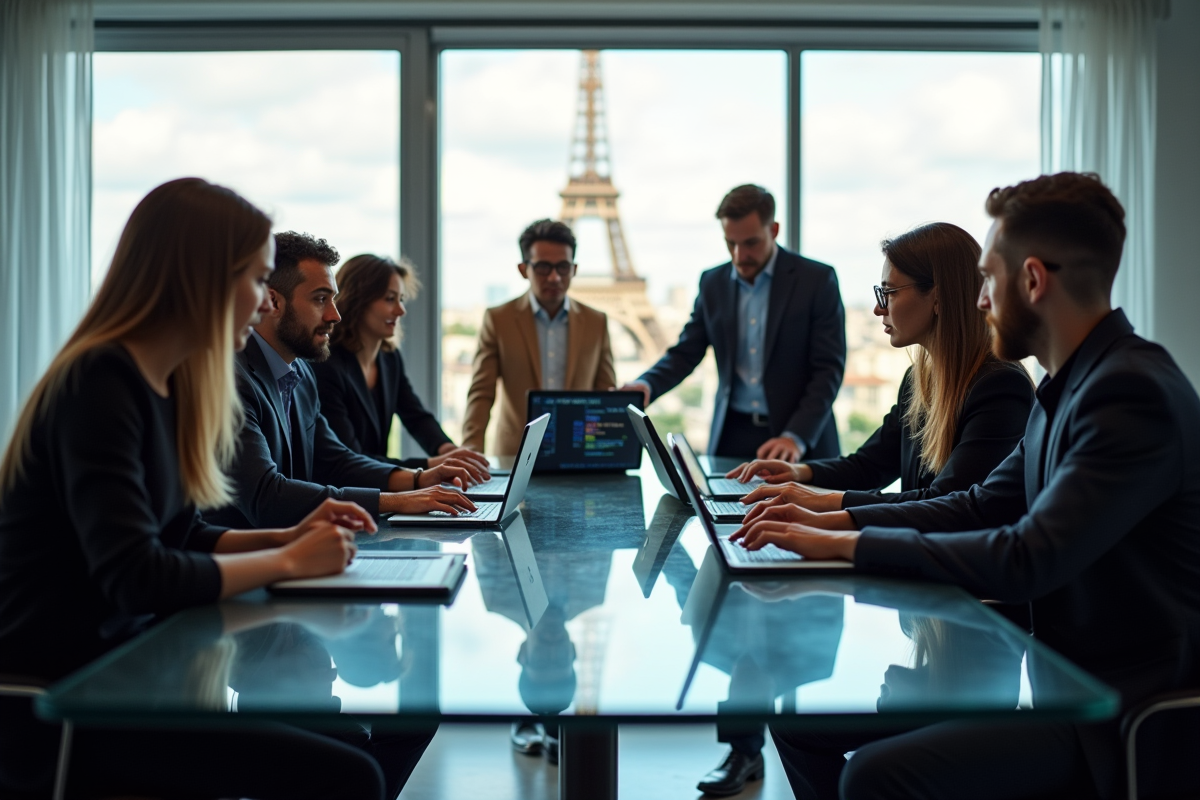 Groupe de professionnels français collaborant autour d'une table moderne