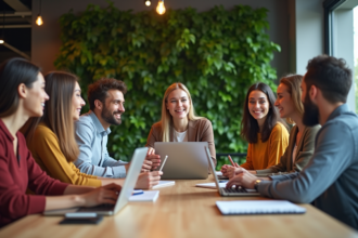 Groupe de professionnels collaborant dans un espace coworking moderne