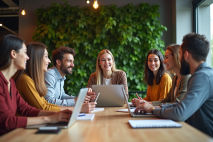 Groupe de professionnels collaborant dans un espace coworking moderne