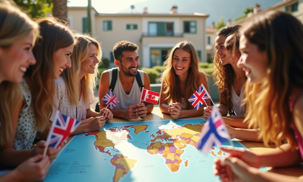 Groupe de jeunes voyageurs avec drapeaux sur une terrasse ensoleillee