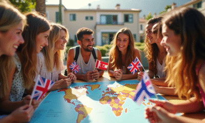 Groupe de jeunes voyageurs avec drapeaux sur une terrasse ensoleillee