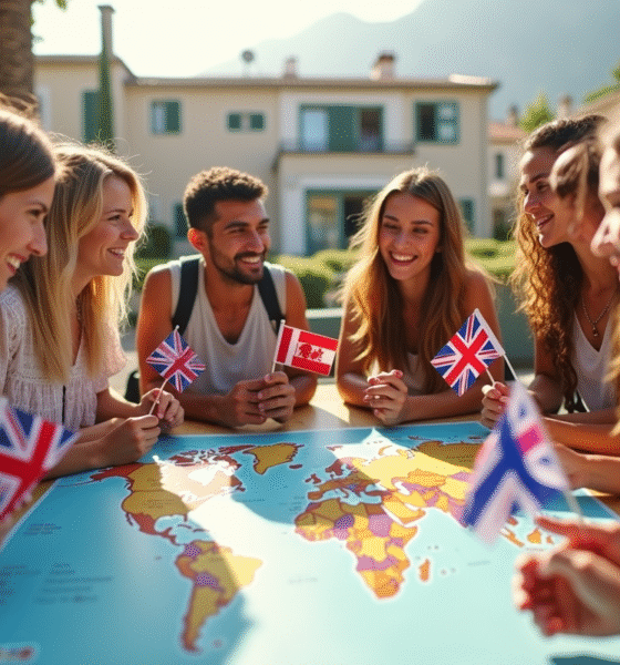 Groupe de jeunes voyageurs avec drapeaux sur une terrasse ensoleillee