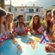 Groupe de jeunes voyageurs avec drapeaux sur une terrasse ensoleillee