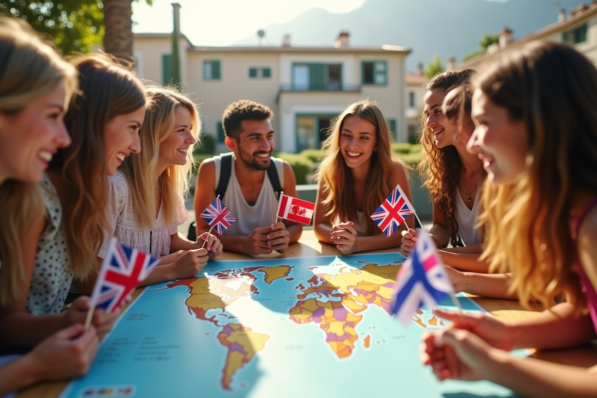 Groupe de jeunes voyageurs avec drapeaux sur une terrasse ensoleillee