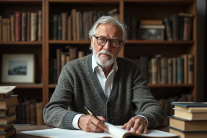 Homme âgé avec lunettes rondes dans un bureau studieux