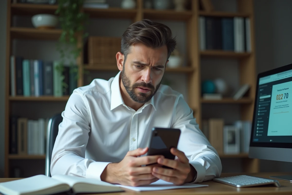 Homme frustré recevant un appel commercial indésirable sur son téléphone au bureau à domicile