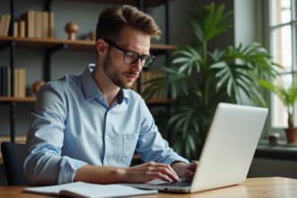 Jeune homme concentré travaillant sur son ordinateur dans un bureau moderne