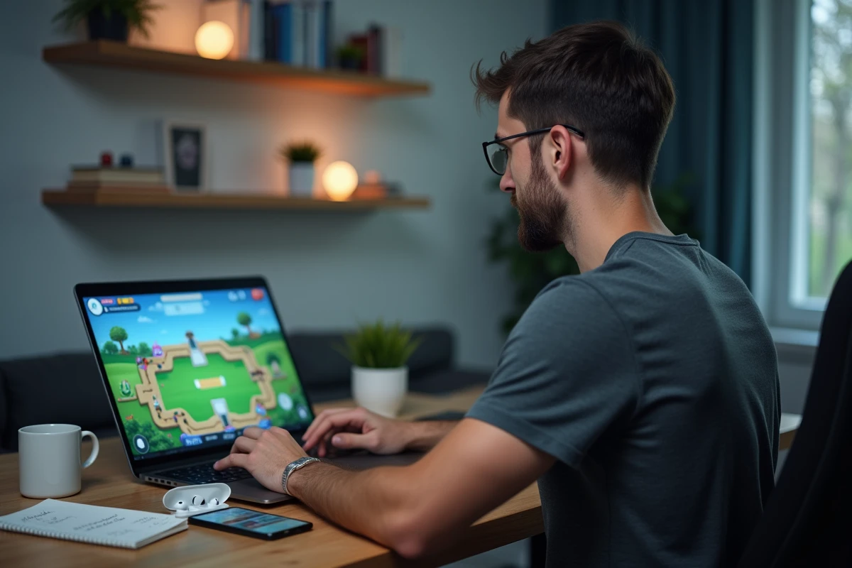 Homme au bureau consultant des liens dés gratuits Monopoly GO sur ordinateur et smartphone
