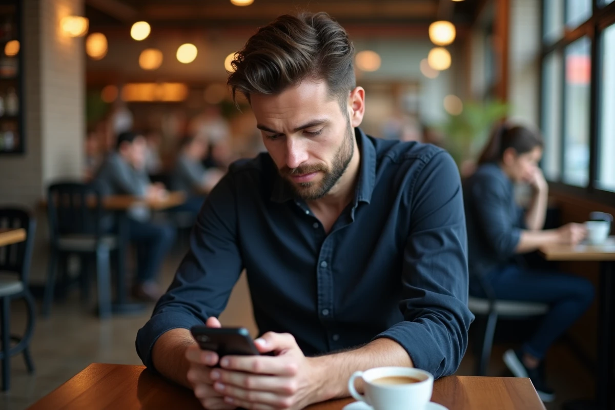 Homme dans un café urbain regardant son téléphone affichant 15h55, air songeur devant l'heure répétitive