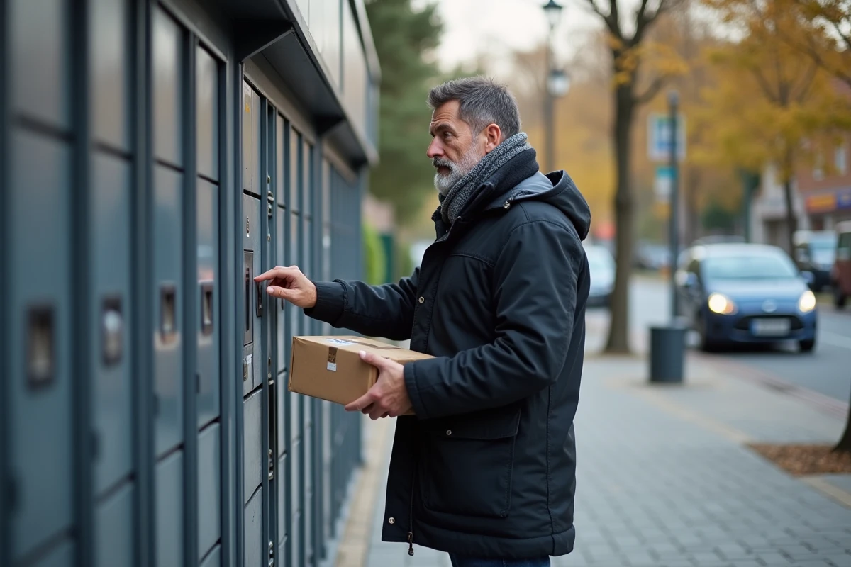 Homme dépose un colis dans un casier postal extérieur