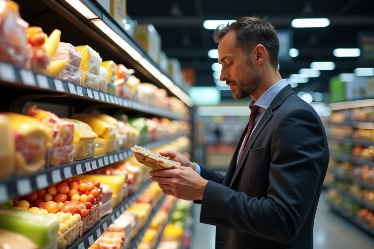 Homme compare des prix dans un supermarché lumineux