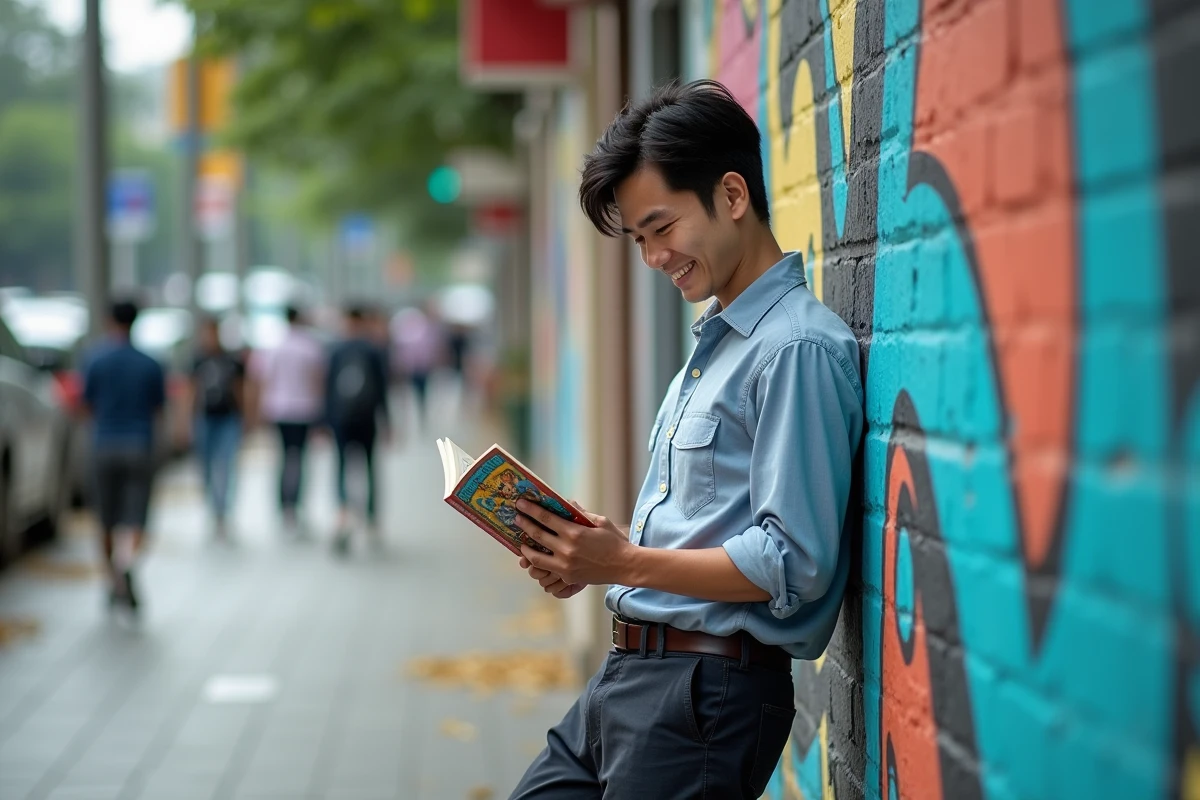 Homme dans la ville feuilletant un manhwa avec mur coloré en arrière-plan