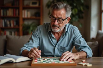 Homme d'âge moyen jouant au Scrabble dans un salon cosy
