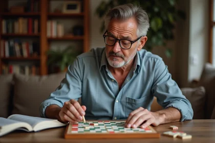 Homme d'âge moyen jouant au Scrabble dans un salon cosy