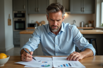 Homme d'âge moyen étudiant des papiers IRA à la maison