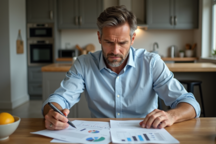 Homme d'âge moyen étudiant des papiers IRA à la maison