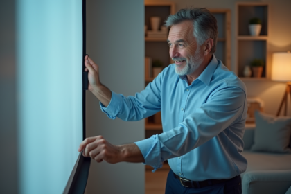 Homme d'âge moyen tirant un écran de projection dans un salon moderne